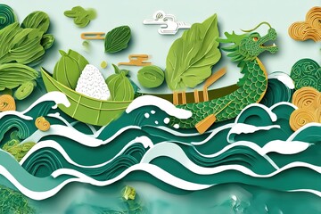 Dragon Boat Festival vector with rice dumplings and festive waves in paper-cut style
