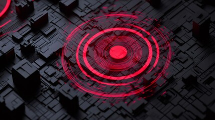 Red seismic waves are spreading on a black microchip surface, creating a captivating visualization of earthquake like activity in a technological context