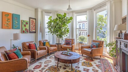 Cozy living room with leather armchairs, colorful throw pillows, patterned rug, large bay window, fiddle-leaf fig tree, floral boho rug, vintage lamps, and bright natural light