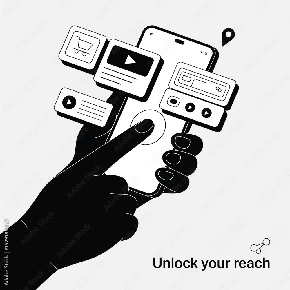 Poster hand holding smartphone with multiple app icons and interface elements