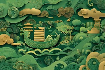 Dragon Boat Festival vector with rice dumplings and festive waves in paper-cut style
