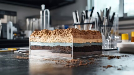 Geological soil sample displaying various earth layers in a transparent container on a laboratory table, illustrating geological strata for earth science and seismic analysis