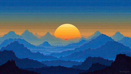 Pixelated Sunset Over Mountains