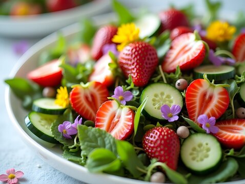 A romantic still life of the summer salad with halved strawberries, cucumbers, micro green tendrils and a few edible flowers .
