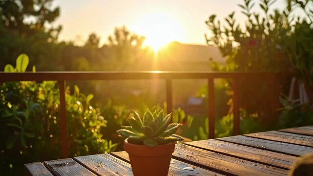 Succulent plant in terracotta pot basks in warm sunlight on wooden deck at sunset with blurred foliage in background for tranquil scene