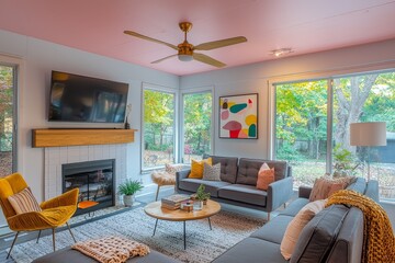Cozy mid century modern living room with comfortable grey sofa, accent chairs, coffee table, old TV above fireplace, wide windows with backyard view, pink ceiling, gold throw blanket, and colorful abs