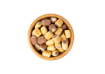 Filled dog biscuits, crackers isolated, soft crunchy pet treats pile, flavored small canine cookie