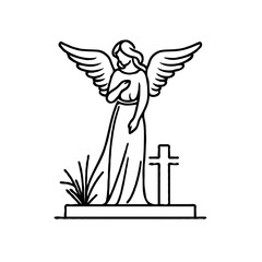 Angel statue standing beside grave cross in line art style  