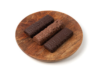Protein bar isolated, chocolate energy paleo snack, healthy cereal nutrition with nuts, fruits, muesli