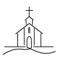 Simple line drawing of a church with a cross on top  