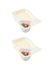 Yogurt cup isolated, yoghurt in plastic pot, milk pudding container, dairy food small package
