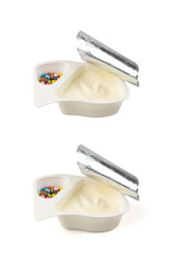 Yogurt cup isolated, yoghurt in plastic pot, milk pudding container, dairy food small package