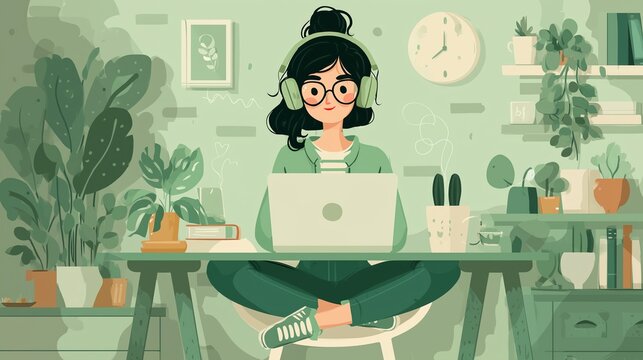 Flat style illustration of a disabled remote worker in tech, utilizing voice commands and adaptive software in a serene office environment