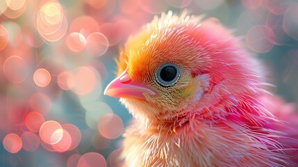 Fototapeta premium A stunning, close-up shot of a vibrant baby bird showcasing its delicate feathers and bright colors, surrounded by a beautiful bokeh effect that enhances its charm.