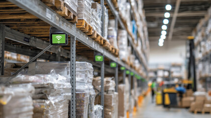 Fototapeta premium Illustration showing refrigerated warehouse aisle with heavy-duty shelving loaded with plastic-wrapped food packages, soft condensation visible on metal beams, logistics and distri