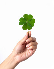 Una mano con un tr&eacute;bol de cuatro hojas en concepto de buena suerte, destino o fortuna sobre fondo blanco