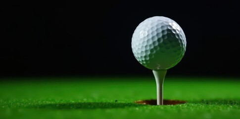 Golf tee firmly holds ball, black backdrop; dramatic lighting , golf, still life, sharp