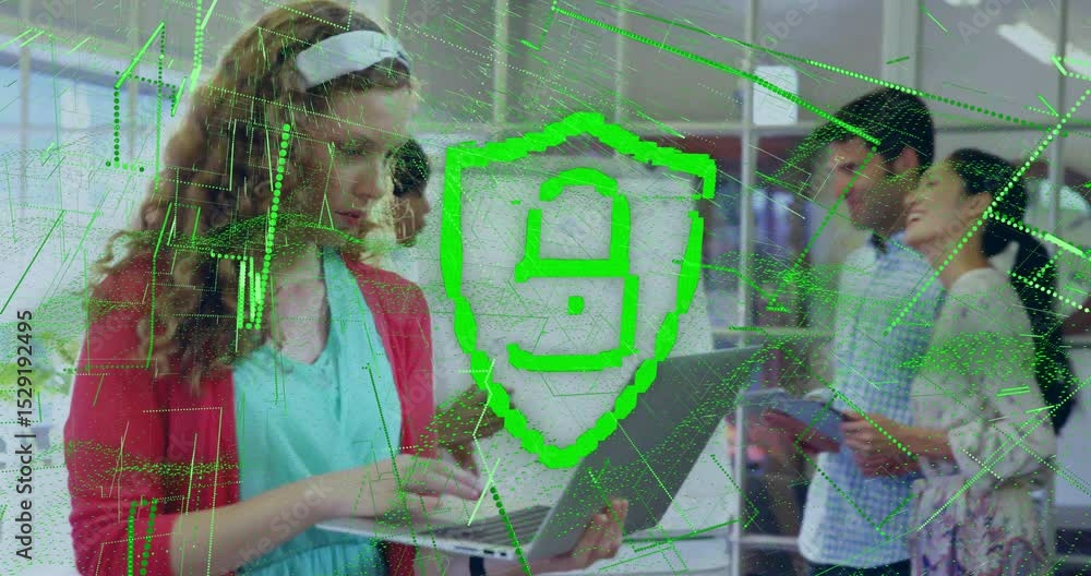 Poster colleague writing flipchart starting shield locking while teammate typing laptop securing tech data