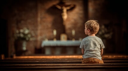Young Child Sitting Alone in Church, Reflecting on Spirituality and Faith in Quiet Atmosphere with Dim Lighting and Religious Symbolism Behind