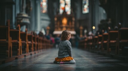 Young Child Sitting in Quiet Reflection Inside an Elegant Cathedral Surrounded by Beautiful Stained Glass Windows and Warm Atmosphere