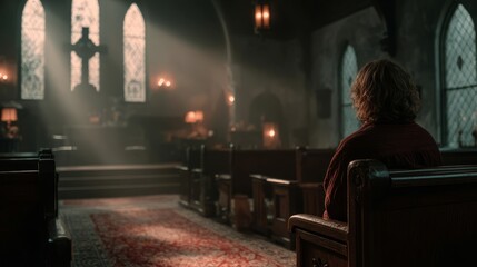 Serene Light Streaming Through Church Windows, Illuminating Wooden Pews and Creating a Peaceful Atmosphere of Reflection and Contemplation