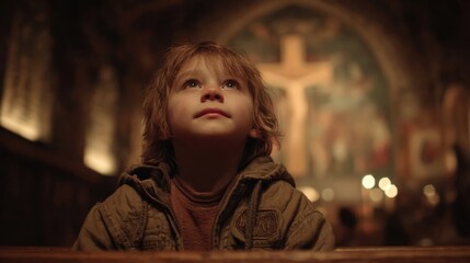 A Young Boy in a Serene Church Setting Gazes Upward, Capturing a Moment of Wonder and Reflection Amidst Dim Light and Spiritual Atmosphere