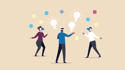 People wearing vr headsets interacting with floating lightbulbs and cubes in a virtual environment