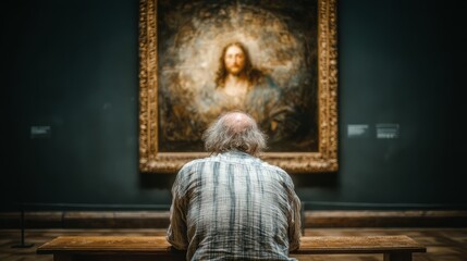 Senior man admiring a classic painting of Jesus Christ in a museum setting, showcasing the profound connection between art and reflection