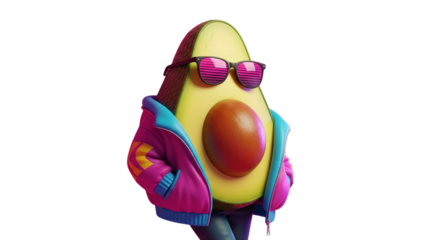 A vibrant and stylish avocado character sporting trendy pink and blue sunglasses with a matching bomber jacket, exuding a cool and modern vibe, perfect for fashion-forward food branding or youthful