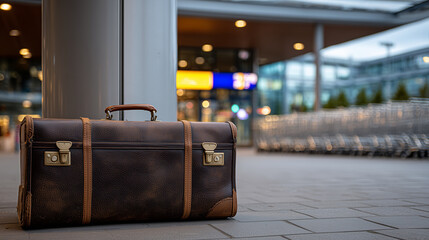 Elegant leather suitcase alone near large structural column in terminal departure zone, empty trolleys nearby, echo of silence fills the space, evoking curiosity and concern