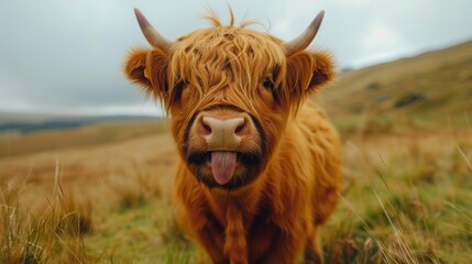 This adorable image showcases a Highland cow with its fluffy coat, grazing in a lush green meadow, representing the charm and beauty of rural life and nature.