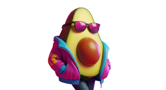 A vibrant and stylish avocado character sporting trendy pink and blue sunglasses with a matching bomber jacket, exuding a cool and modern vibe, perfect for fashion-forward food branding or youthful