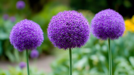 Obraz premium Three Stunning Globe Allium Blossoms in Close-Up, Showcasing Their Unique Spherical Charm and Beauty