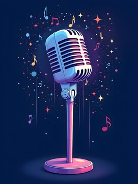 Vintage microphone with musical notes and sparkles illustration in blue and purple tones