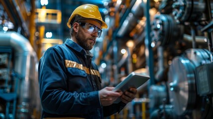 A focused male worker in a hard hat and safety glasses uses a tablet in a modern industrial environment, showcasing technology and safety in the workplace.