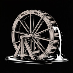 Vintage illustration of a watermill wheel with water flowing on a black background