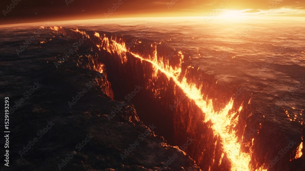 Poster seismic waves rupturing planetary surface, magma violently erupting across alien landscape during tw