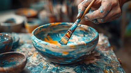 Artisan painting a pottery bowl