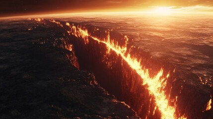 Seismic waves rupturing planetary surface, magma violently erupting across alien landscape during twilight, revealing dramatic geological transformation