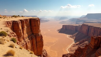 Dramatic Masada clifftop view, desert expanse below , cliff, rocks, sunlight