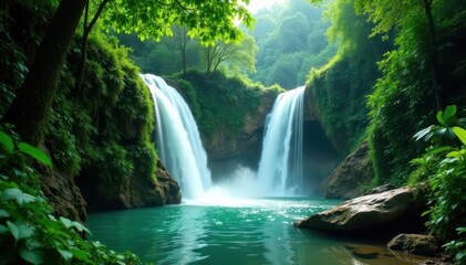 Emerald cascade tumbles down lush Thai jungle, panoramic view , serene, secret, forest