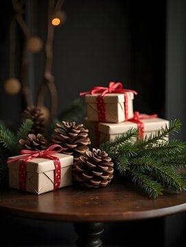 Christmas gifts, pine cones and fir branches decorating a dark wooden table