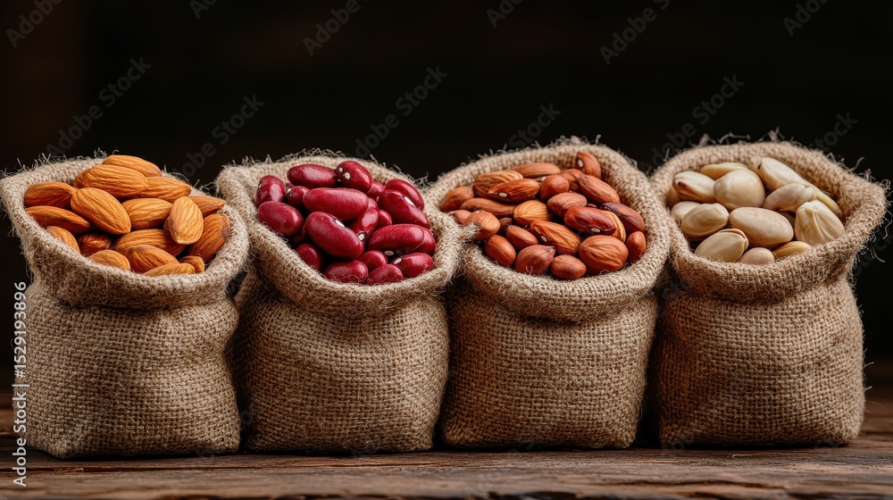 Poster an array of rustic bags filled with nuts and beans highlights natural food diversity, emphasizing he