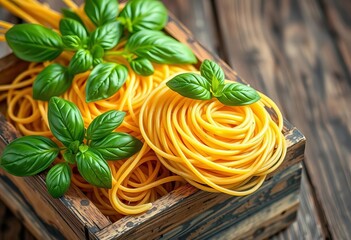Delicate tagliolini nests, fresh basil, rustic wooden box,  summer,  basil