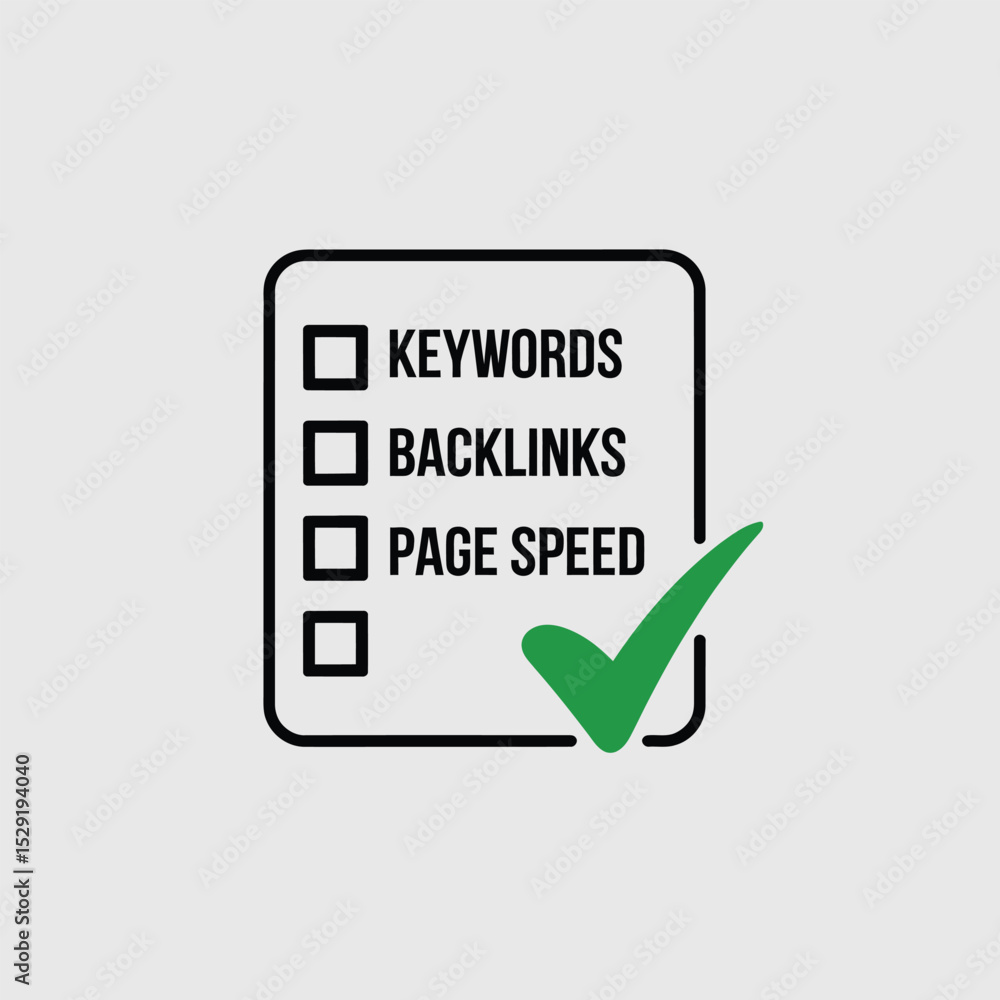 Poster checklist icon for seo optimization website keywords backlinks page speed