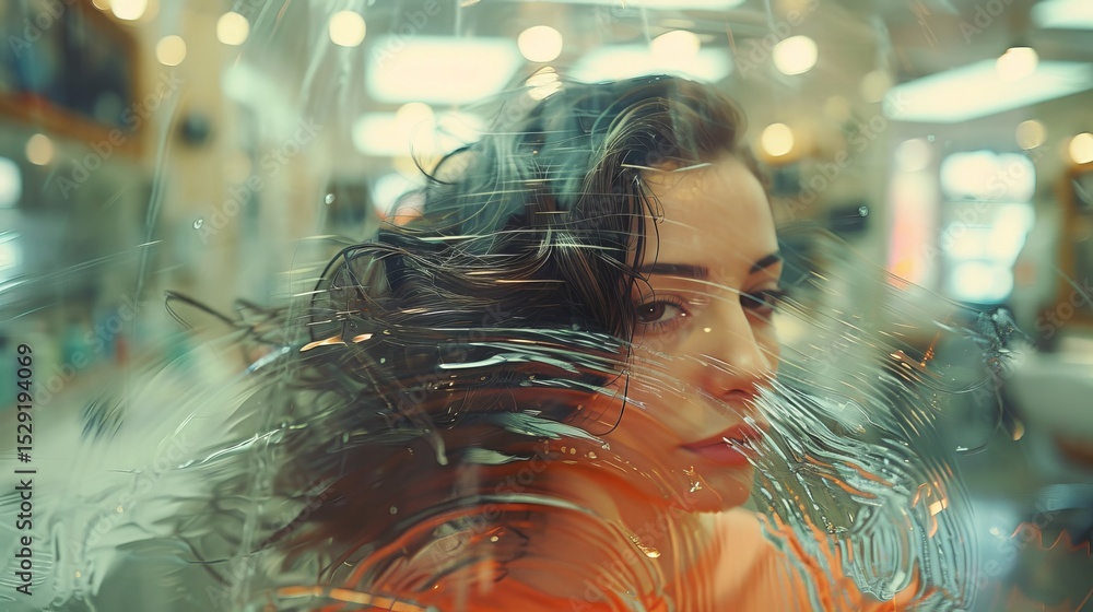 Poster an artistic portrayal of a woman whose face is softly distorted by plastic, creating a surreal effec