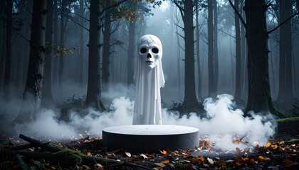 Ghostly figure atop eerie forest podium