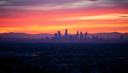 Distant LA skyline, sunset hues, power lines crisscrossing foreground, power lines, USA