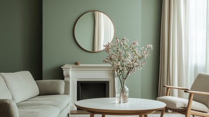 Head-on view of living room with sage green wall, white fireplace, vintage mirror, grey sofa and armchair, round coffee table, white curtains, natural light, and spring flowers