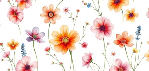 Delicate watercolor wildflowers in vibrant hues, seamlessly repeating on crisp white background,  field,  white background